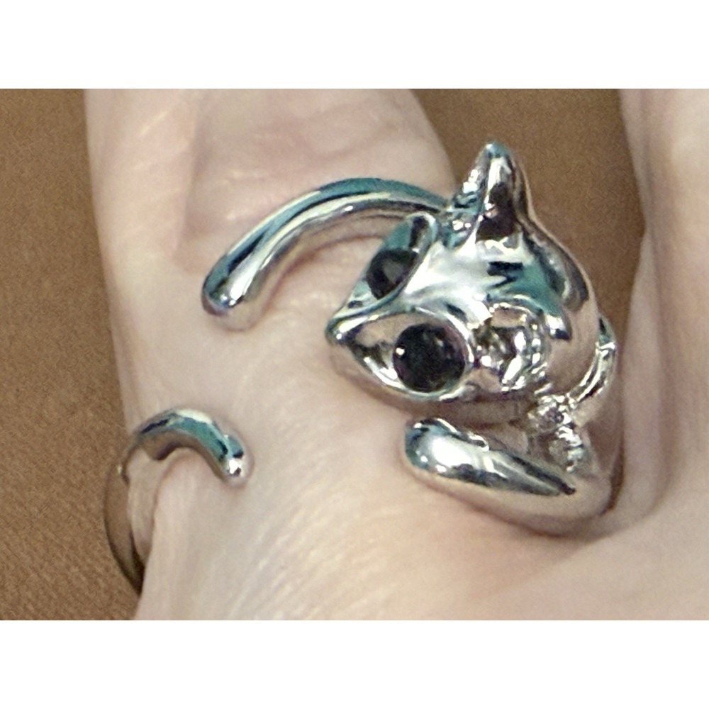Cute Cat Wrap Ring Silver Tone Black Eyes Size 8 Kitty Hug Kawaii Cottagecore